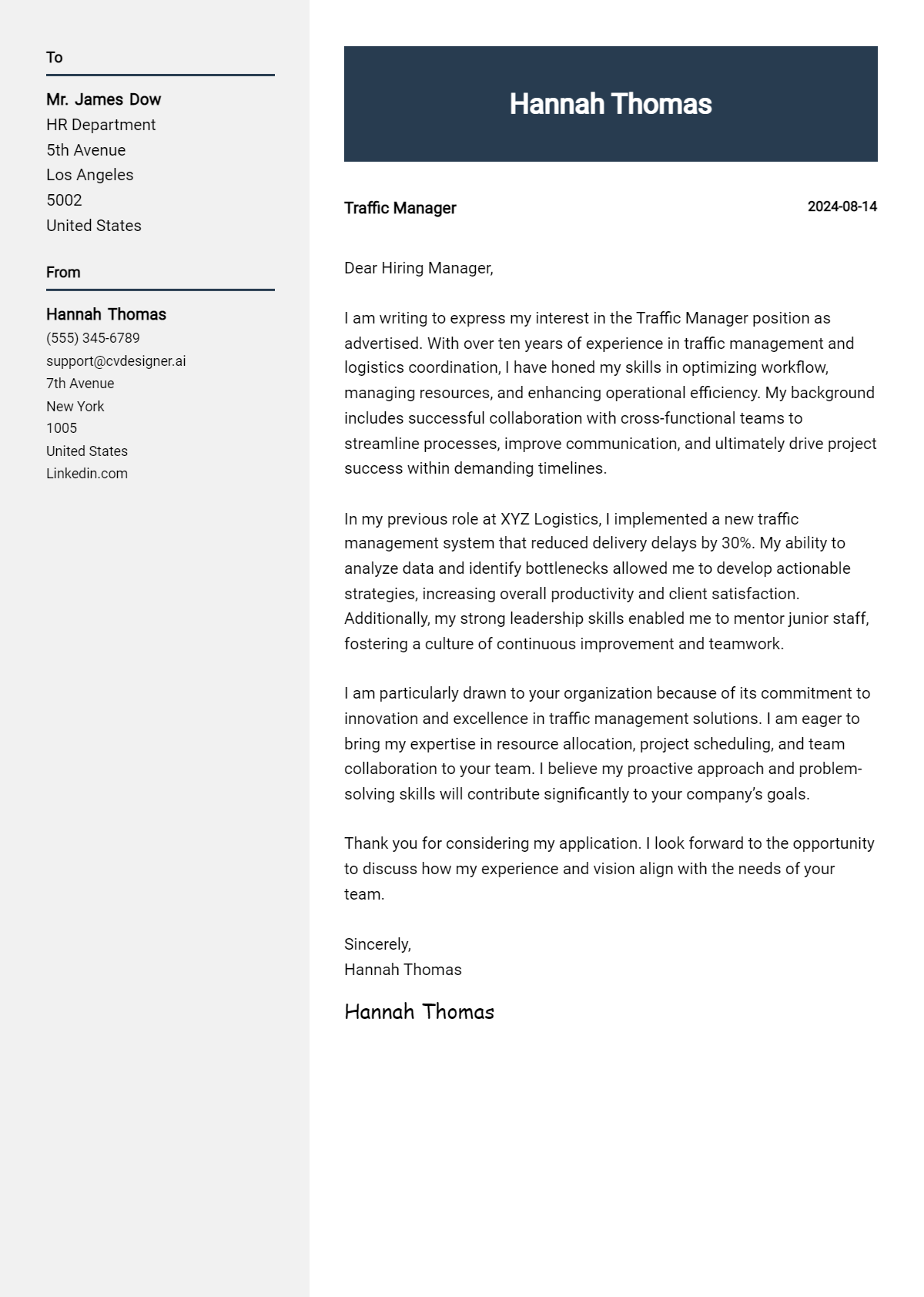 traffic manager cover letter example