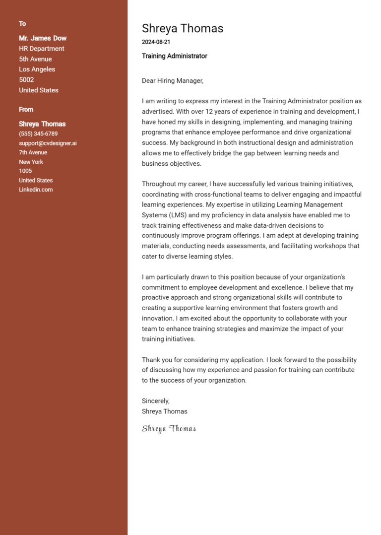 Training Administrator Cover Letter Example for 2025 (Free Templates)