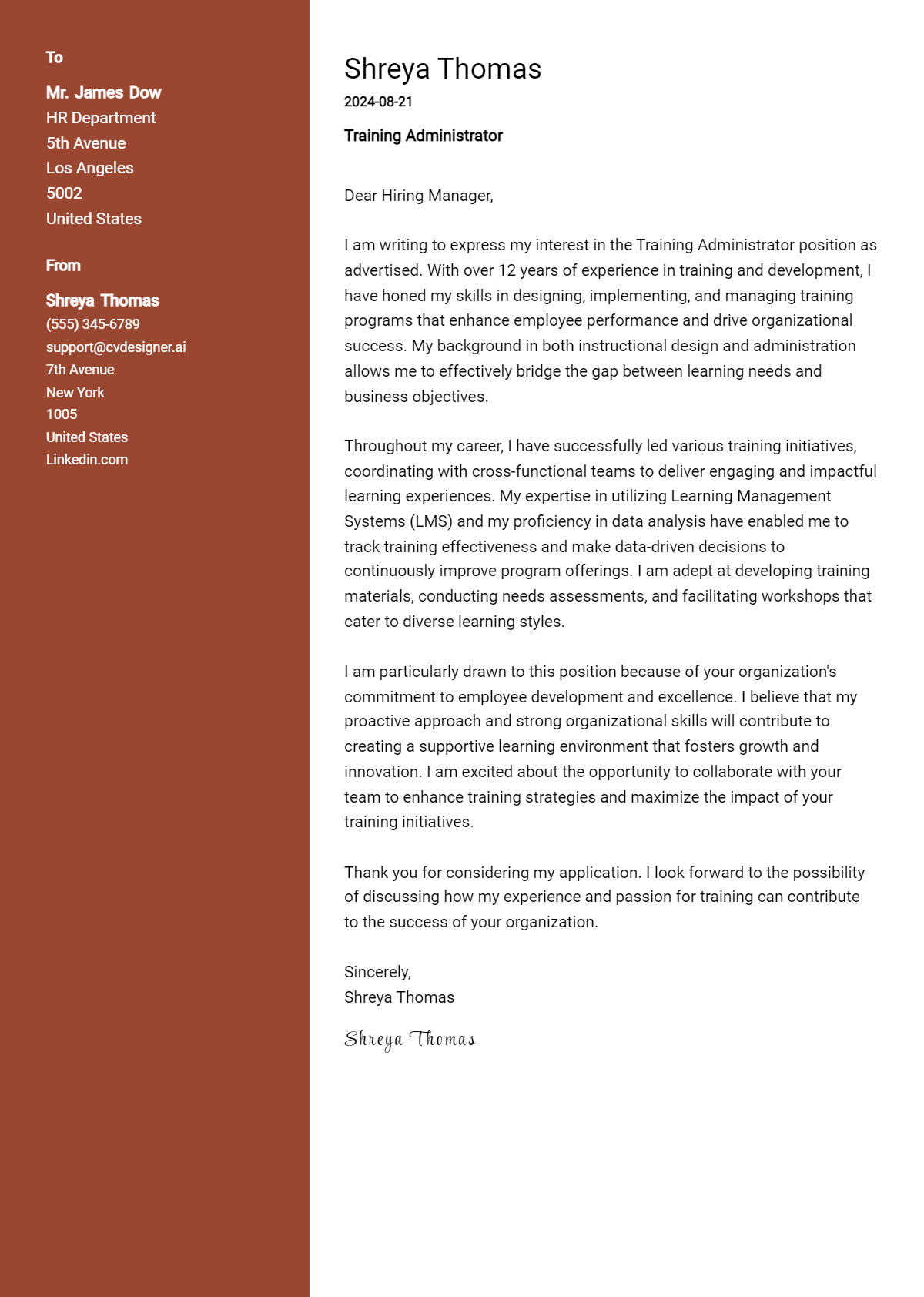 training administrator cover letter example