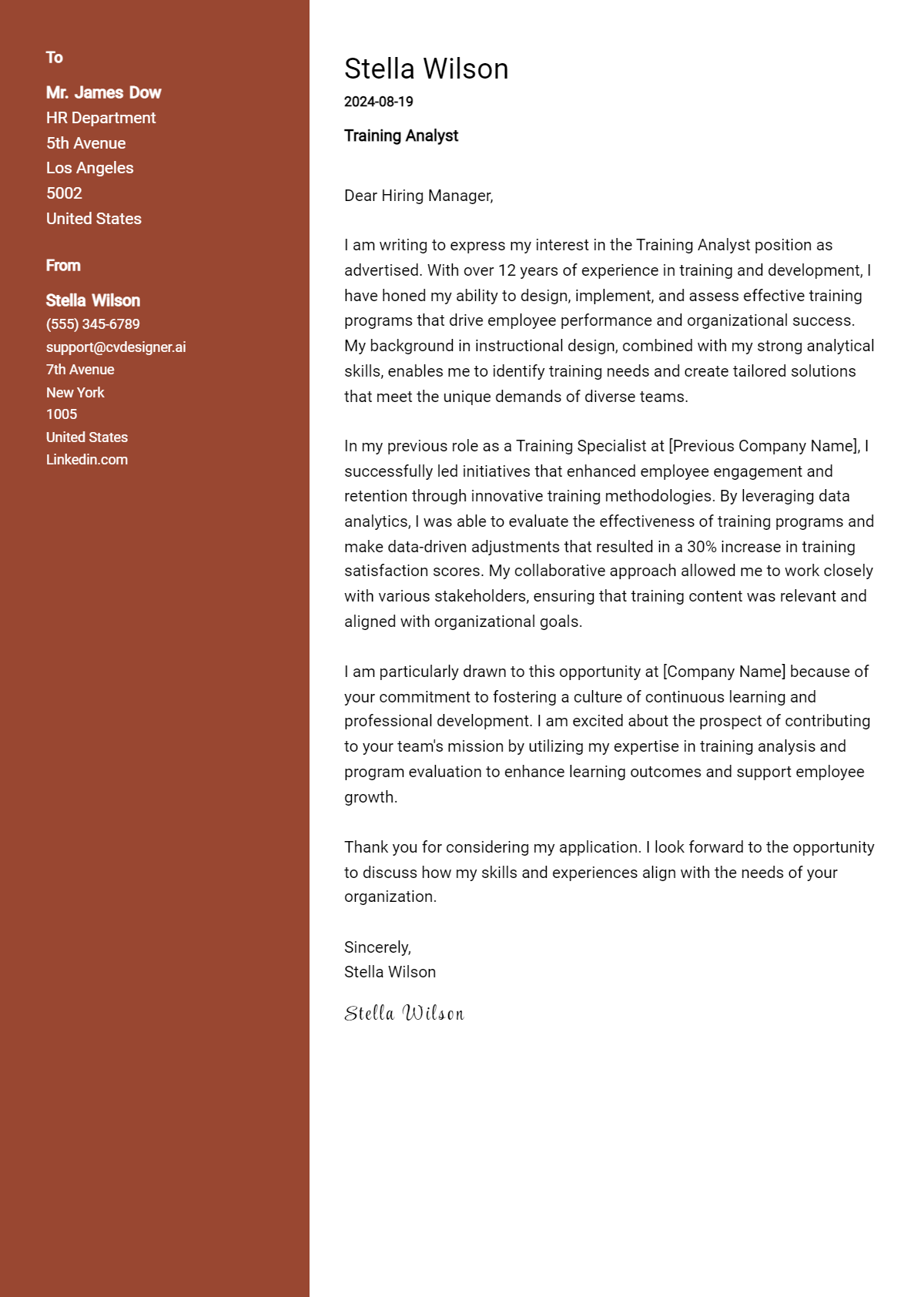training analyst cover letter example