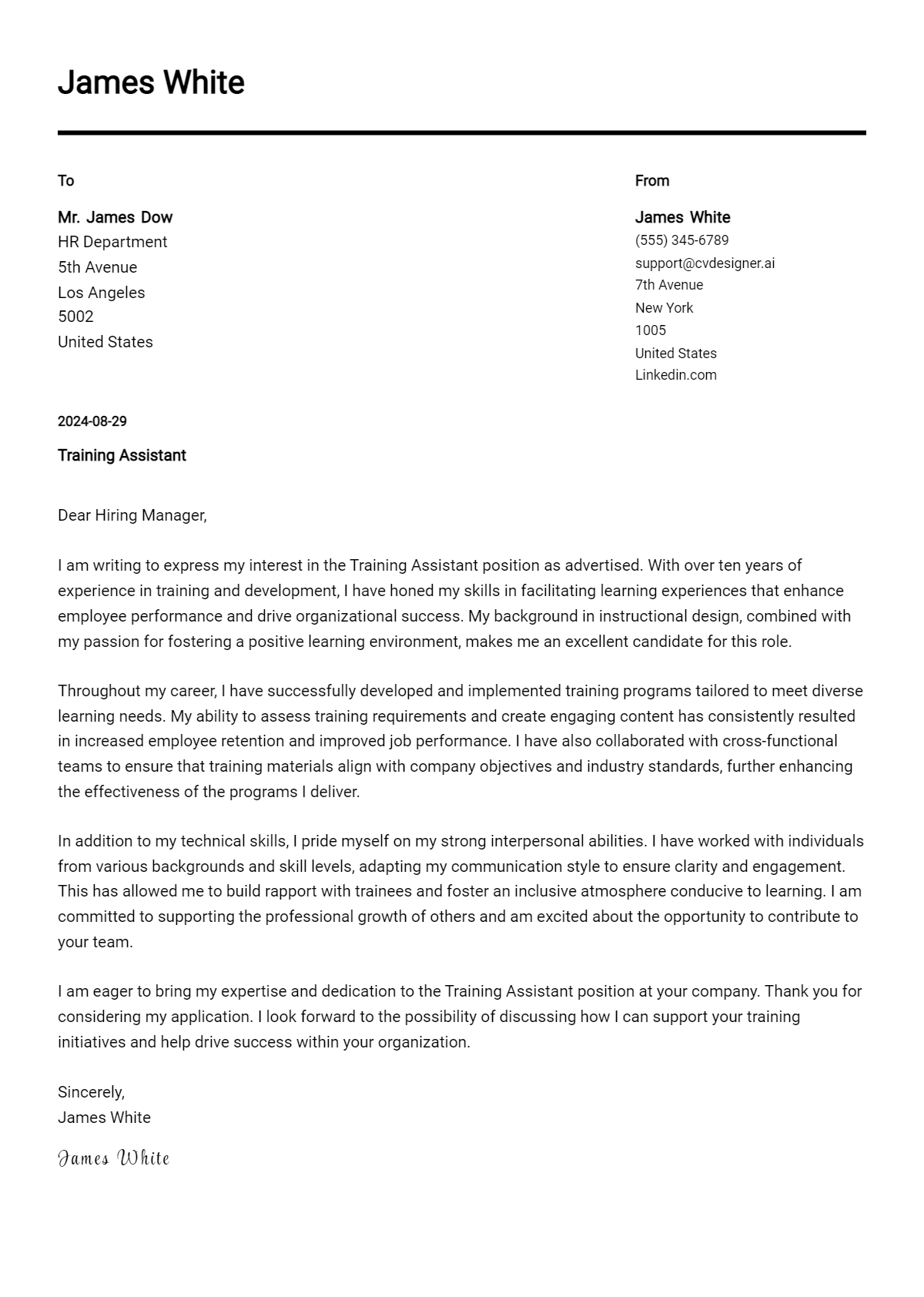 training assistant cover letter example