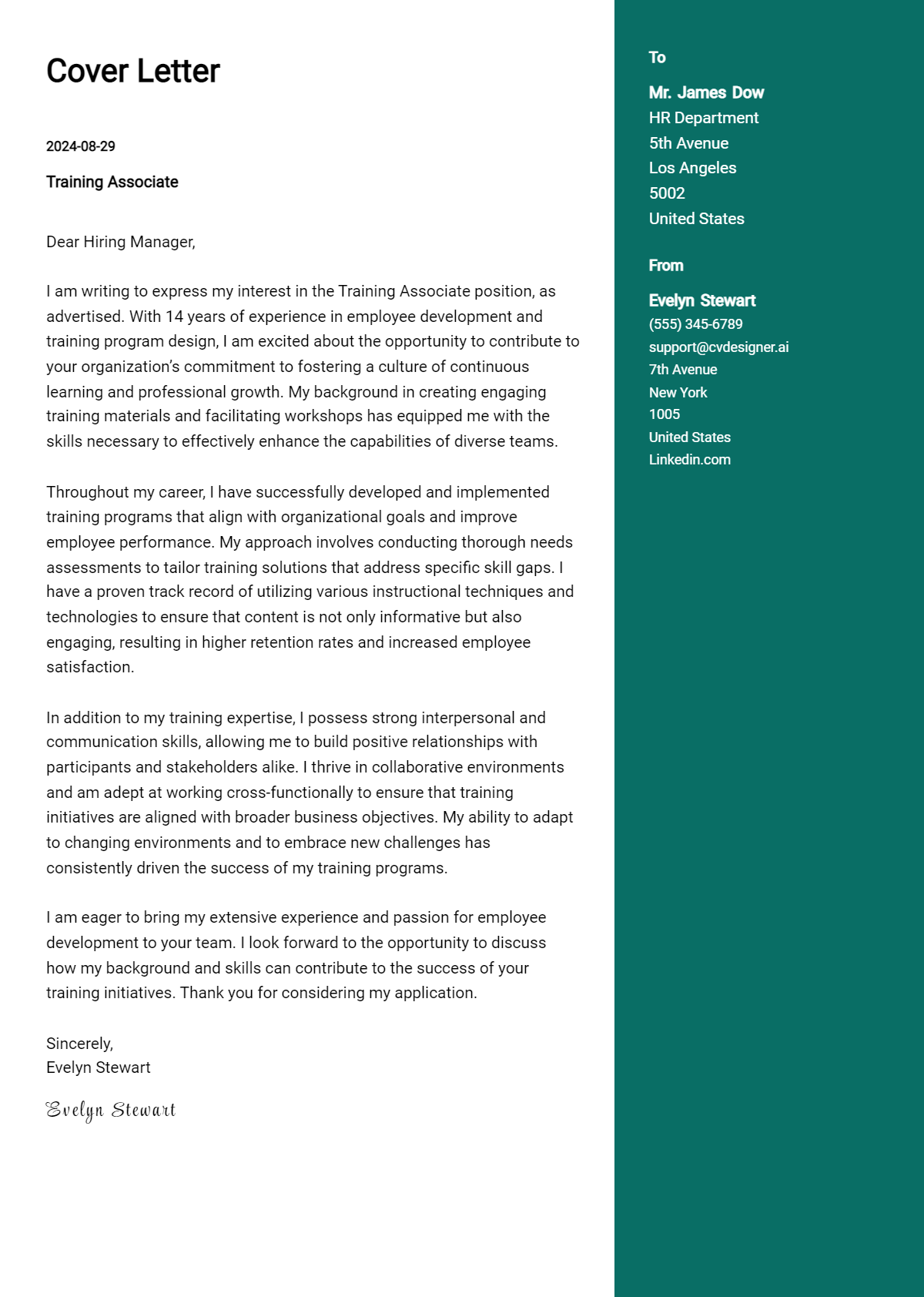training associate cover letter example