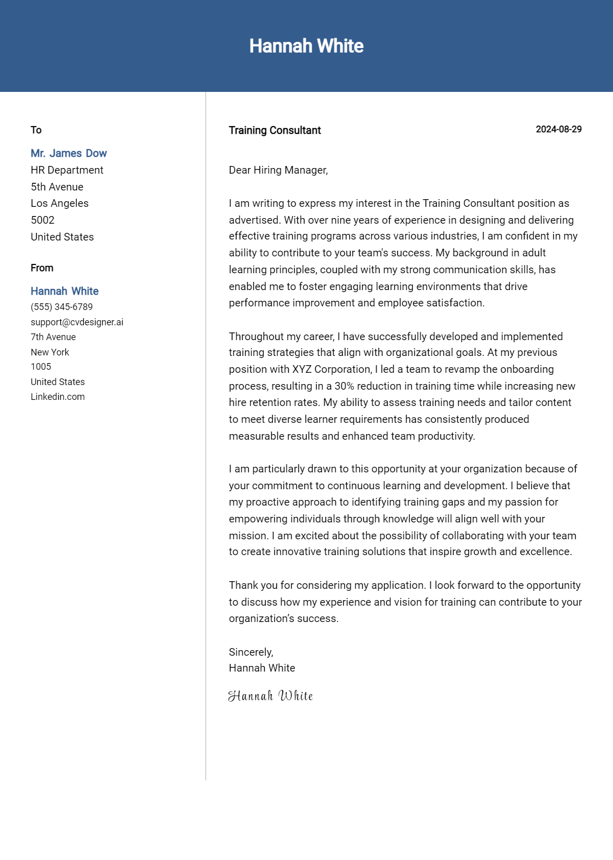 training consultant cover letter example