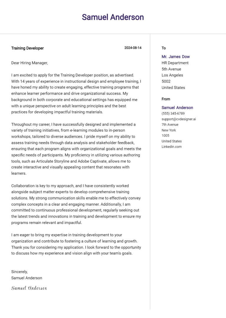Training Developer Cover Letter Example for 2025: Free Templates