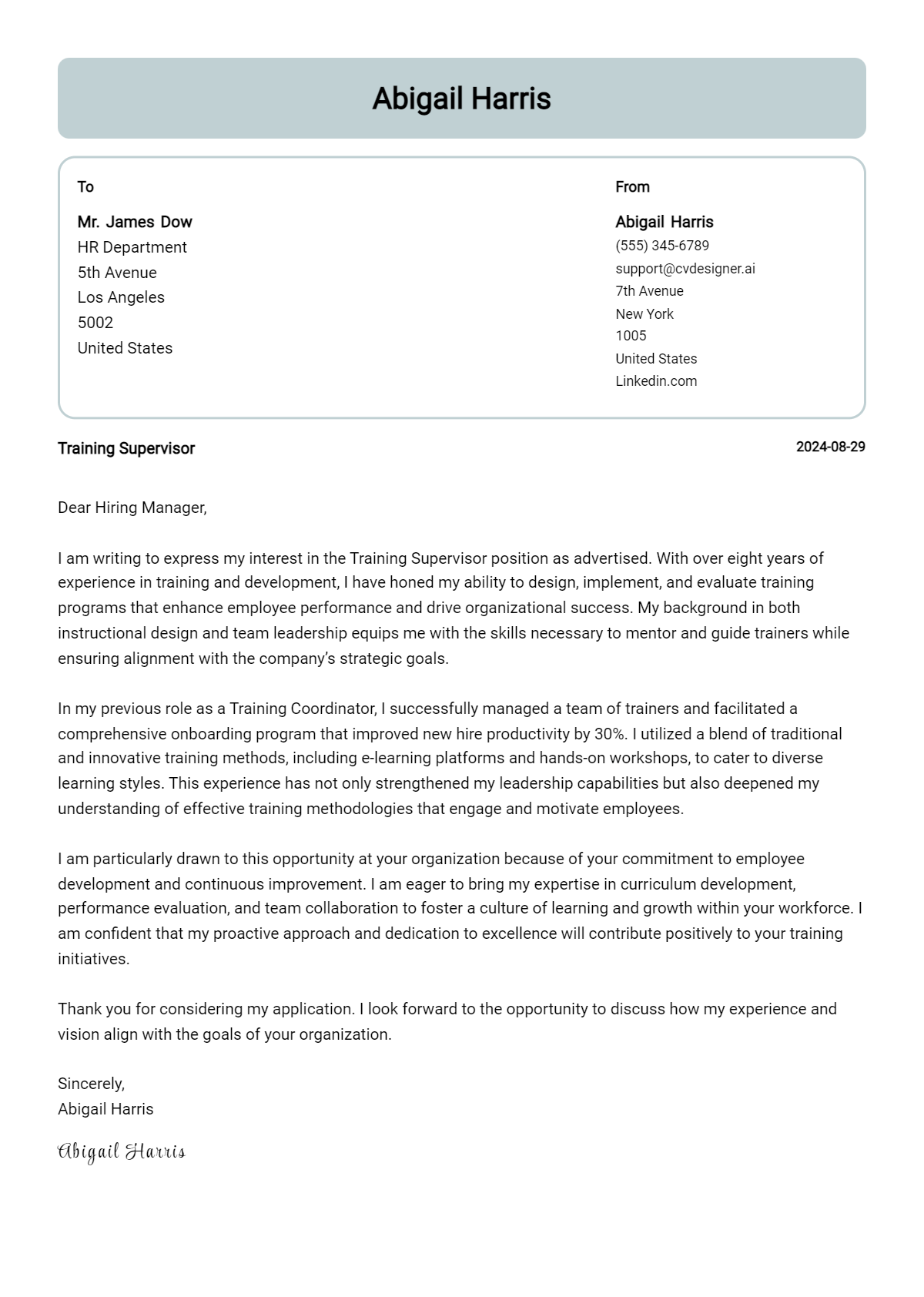 training supervisor cover letter example