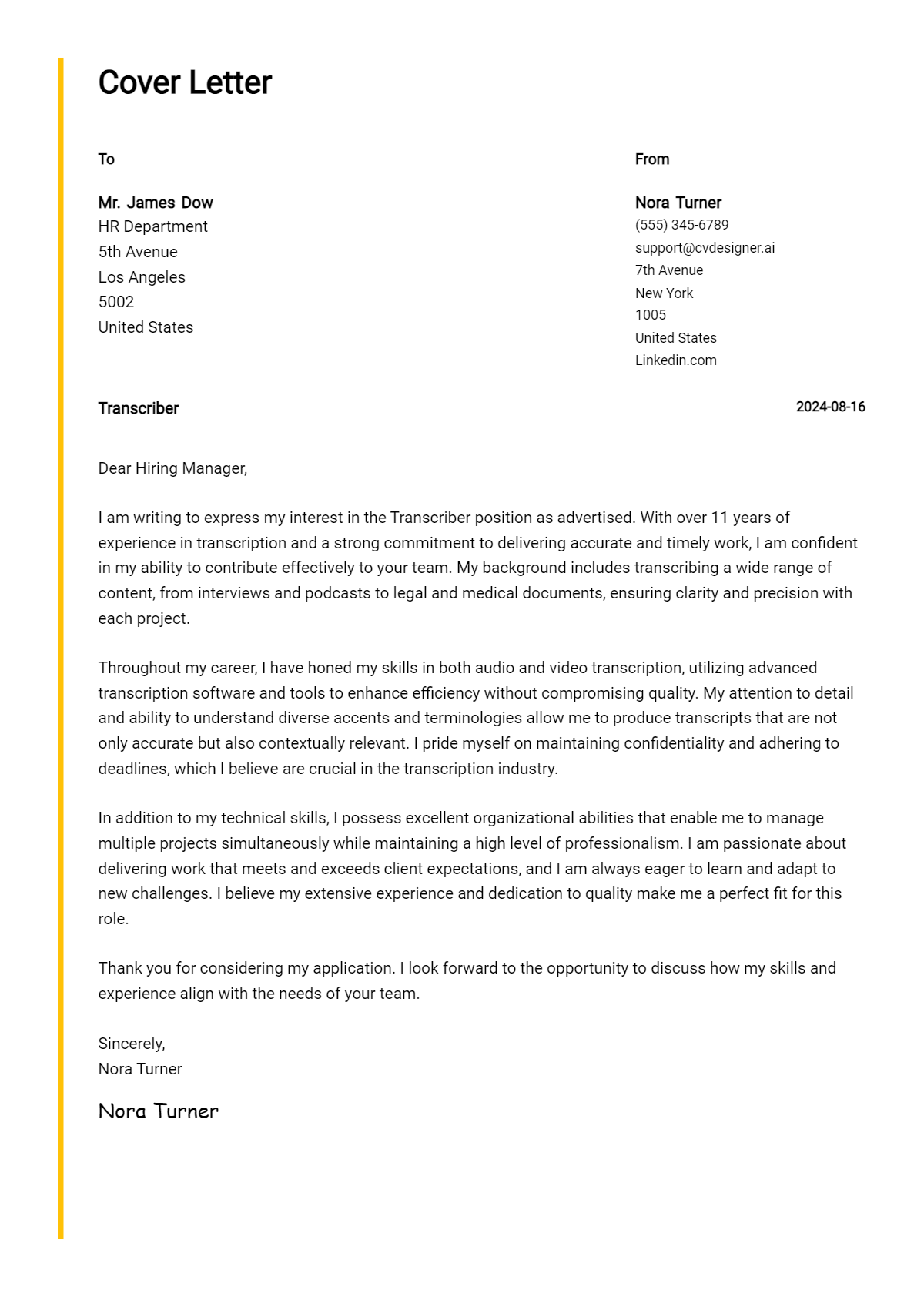transcriber cover letter example