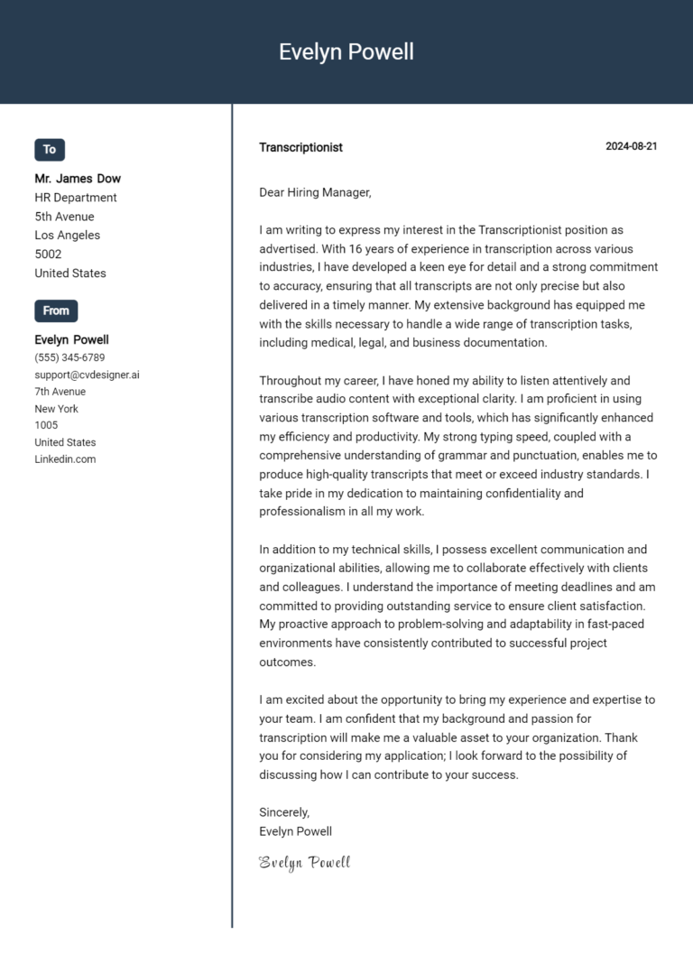Transcriptionist Cover Letter Example for 2025 (Complete Writing Guide) 1 Transcriptionist Cover Letter Example for 2025 (Complete Writing Guide)