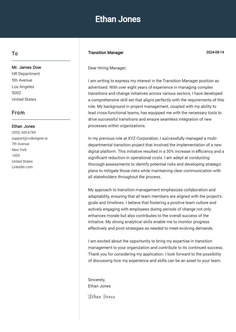 Transition Manager Cover Letter Example for 2025: Proven Tips