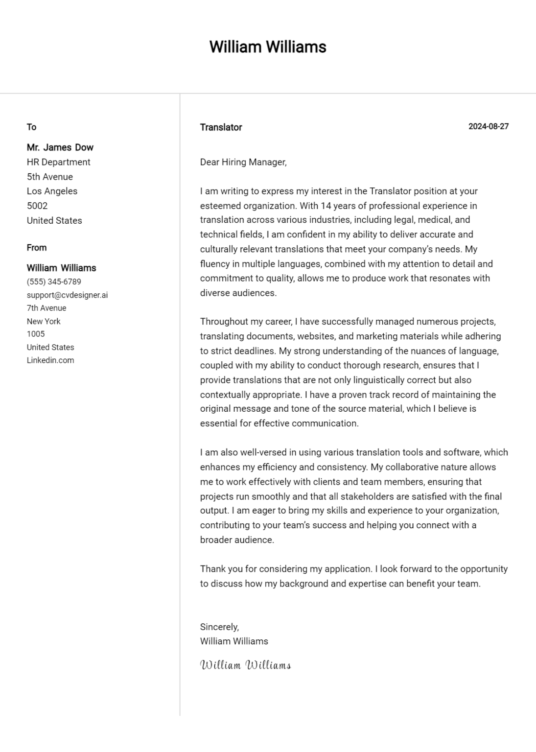 Translator Cover Letter Examples & Samples for 2024 - CVDesigner.ai