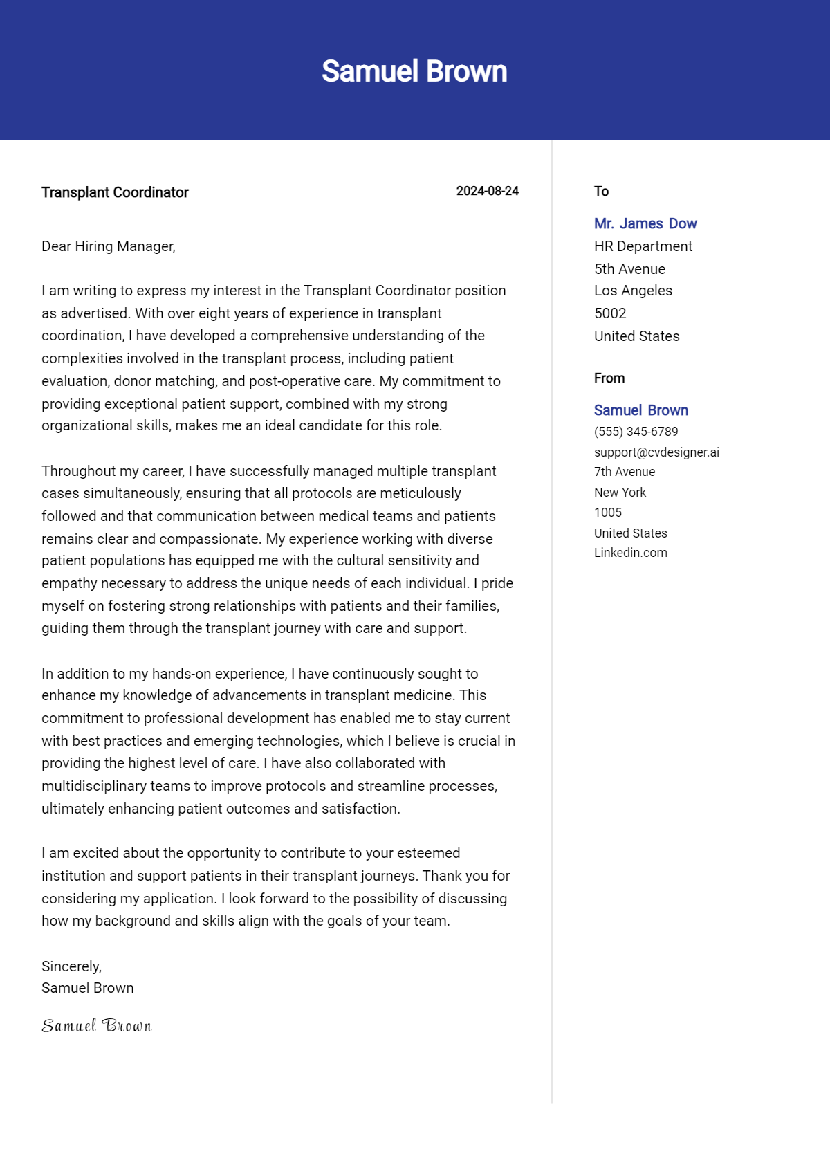 transplant coordinator cover letter example