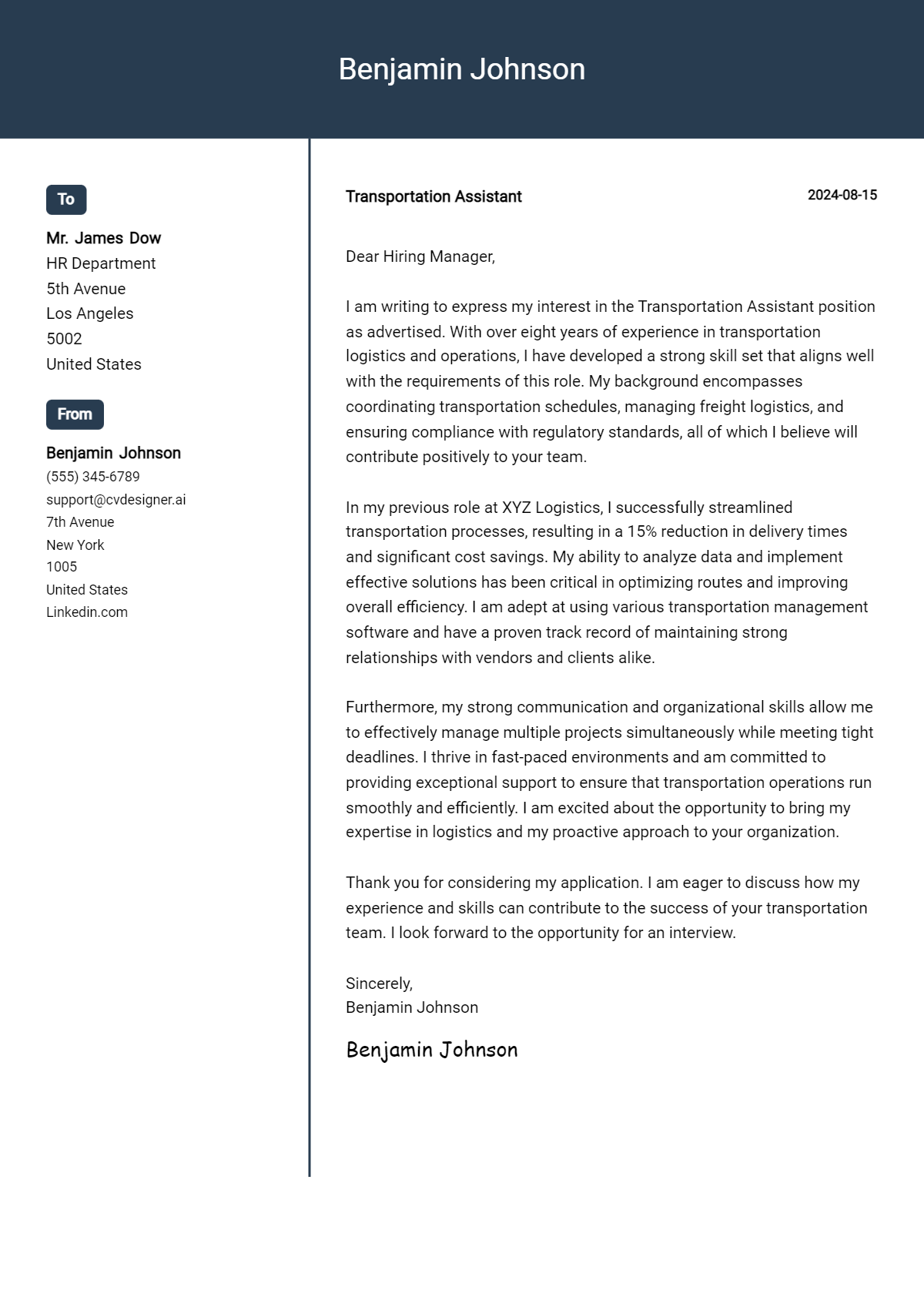 transportation assistant cover letter example