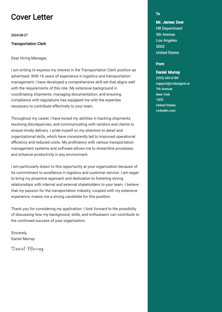 Transportation Clerk Cover Letter Examples with Writing Tips for 2025