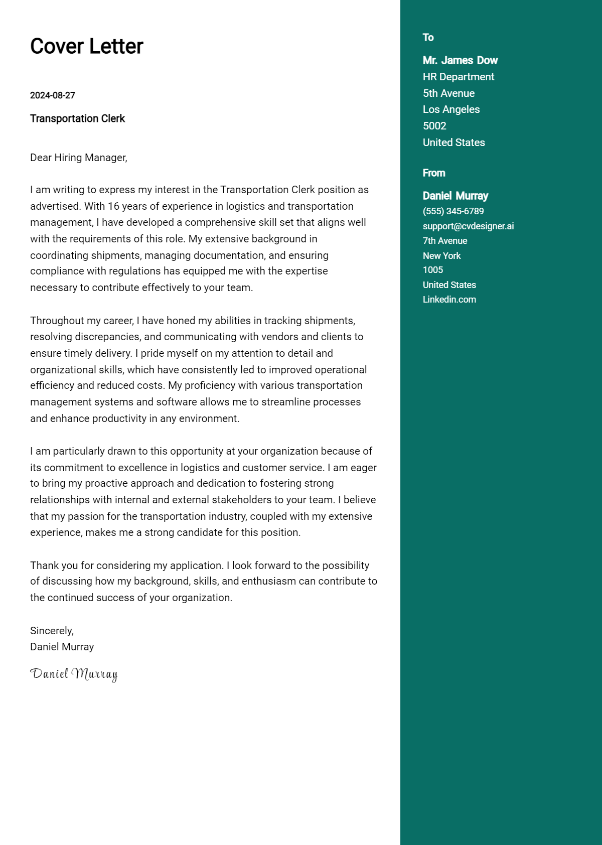transportation clerk cover letter example