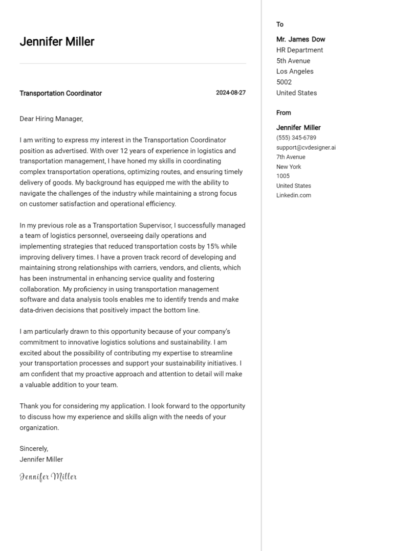 Transportation Coordinator Cover Letter Example for 2025: Ultimate Guide