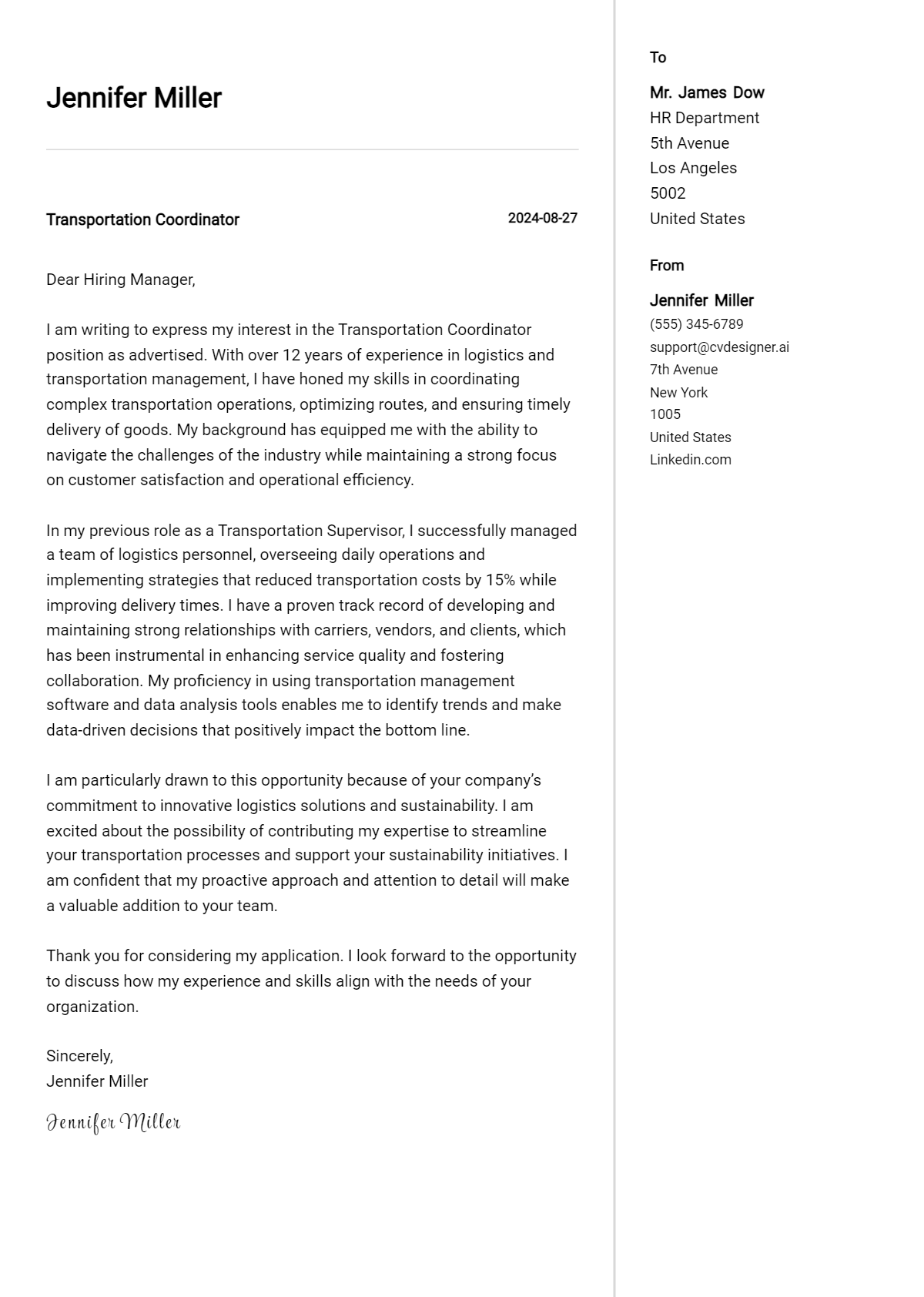 transportation coordinator cover letter example