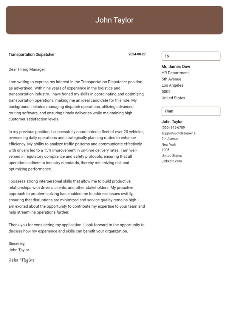 Transportation Dispatcher Cover Letter Example for 2025 (Free Templates)