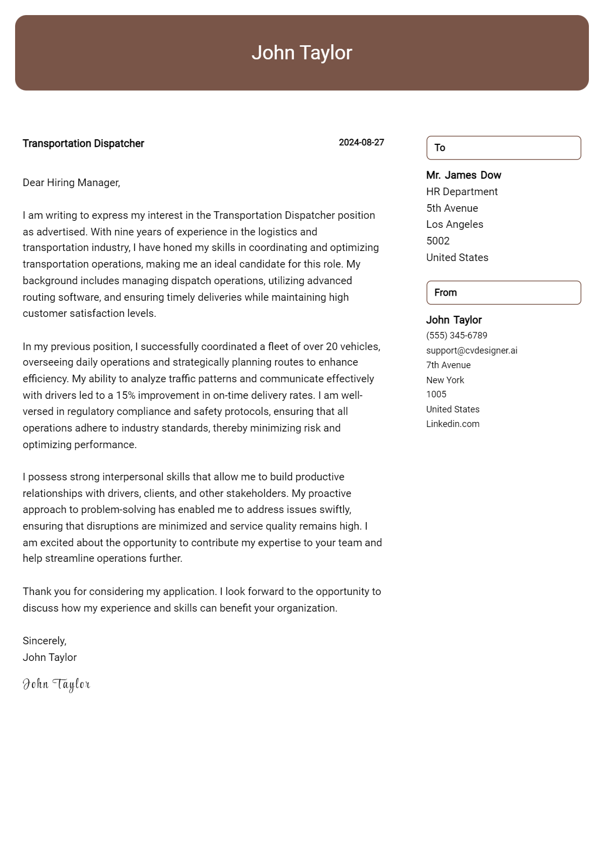 transportation dispatcher cover letter example