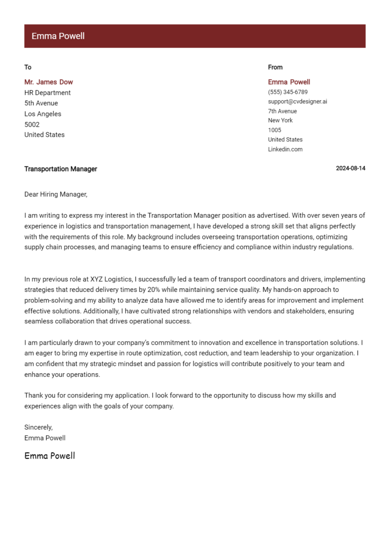 Transportation manager Cover Letter Example for 2025 (Free Templates)