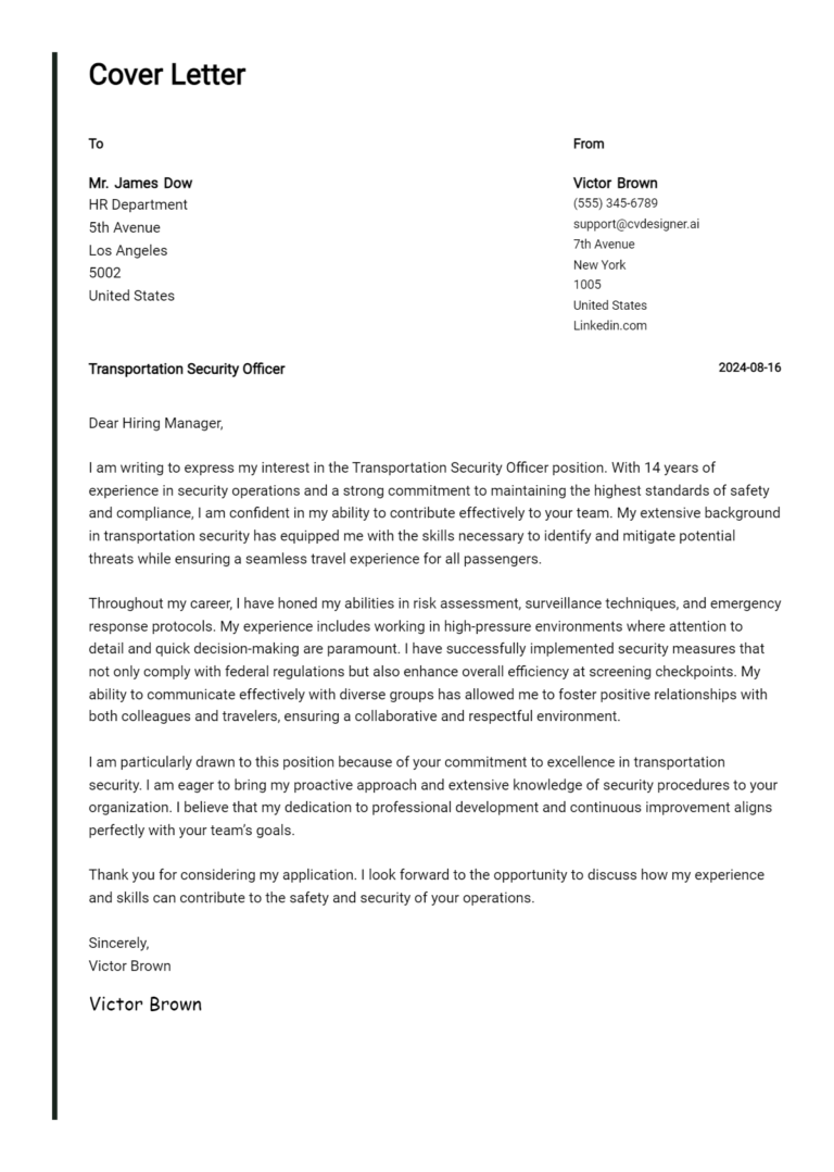 Transportation Security Officer Cover Letter Example for 2025 (Writing Guide)