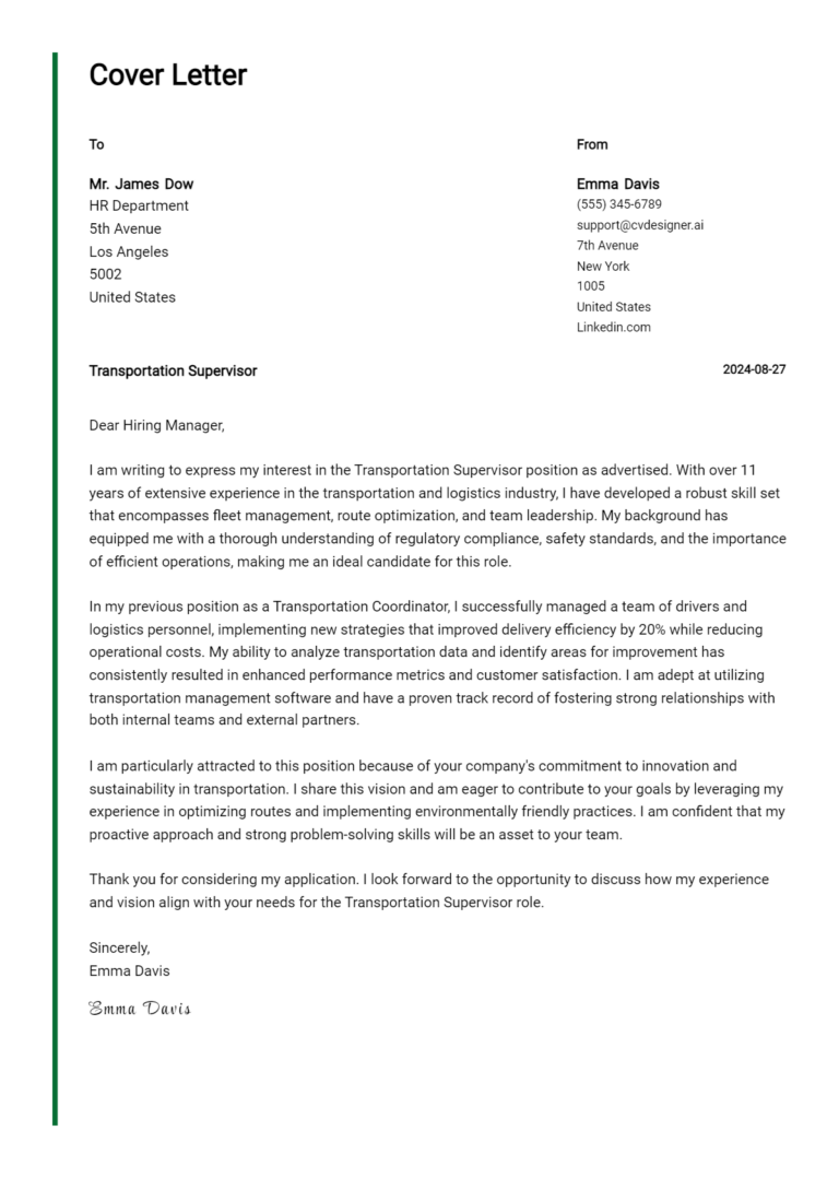 Transportation Supervisor Cover Letter Examples for 2025 (Downloadable)