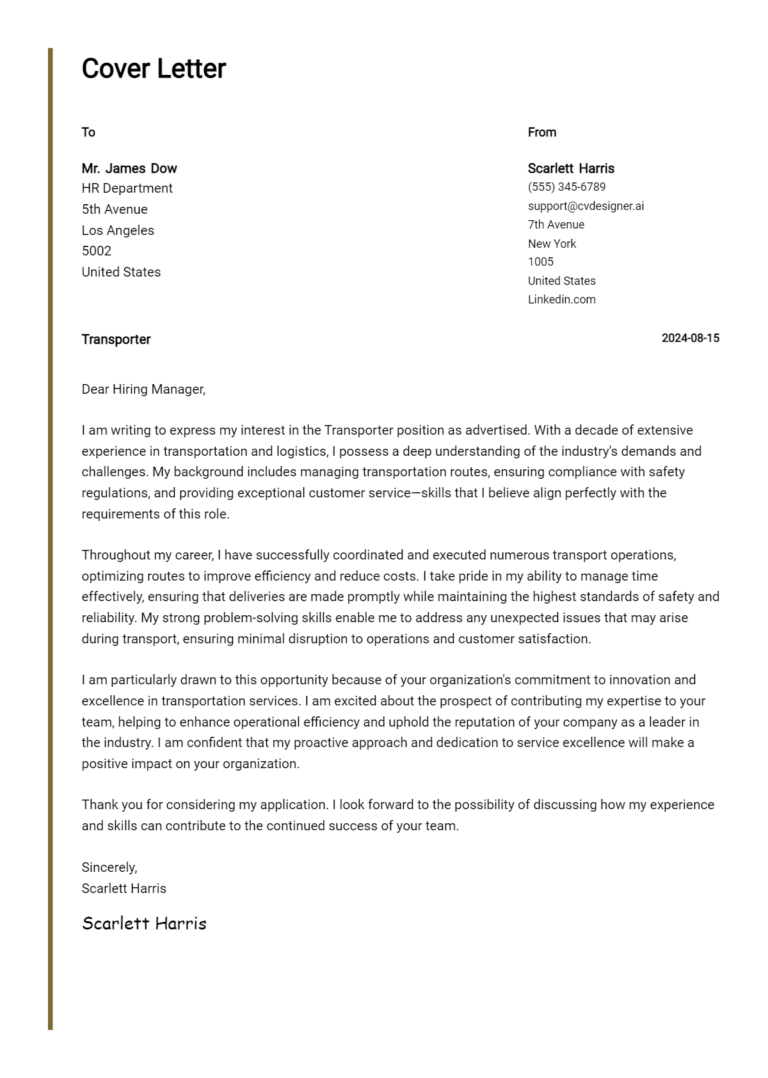 Transporter Cover Letter Examples for 2025 (Downloadable) 1 Transporter Cover Letter Examples for 2025 (Downloadable)