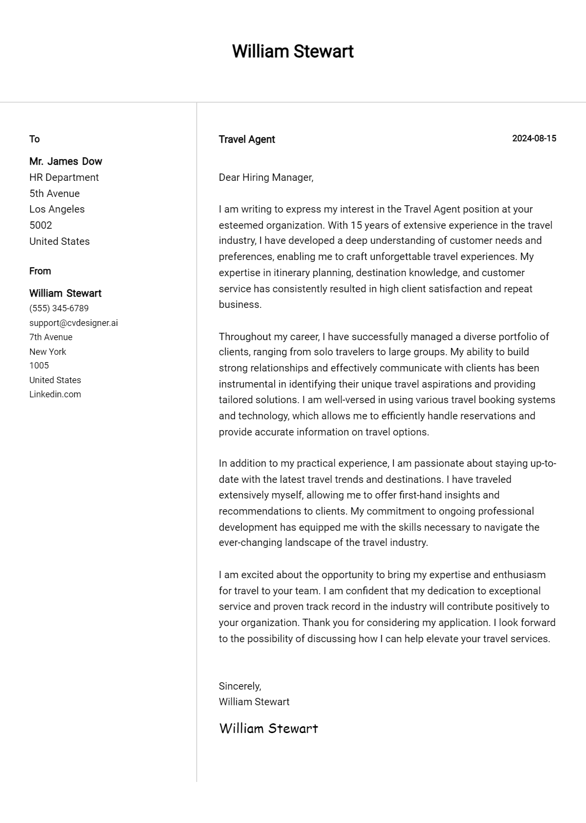 travel agent cover letter example