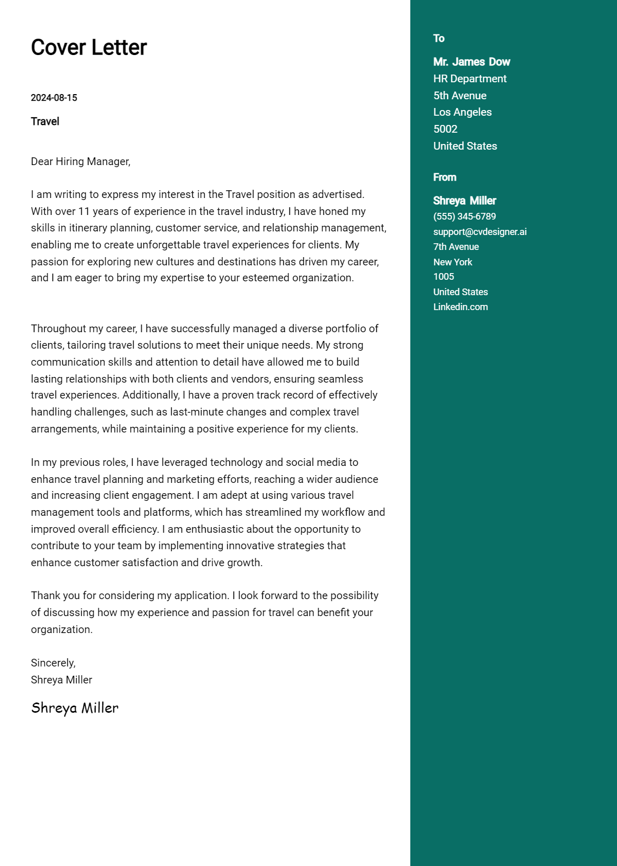 travel cover letter example