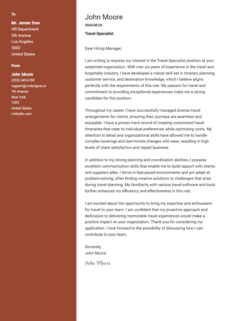 Travel Specialist Cover Letter Example for 2025: Tips & Templates