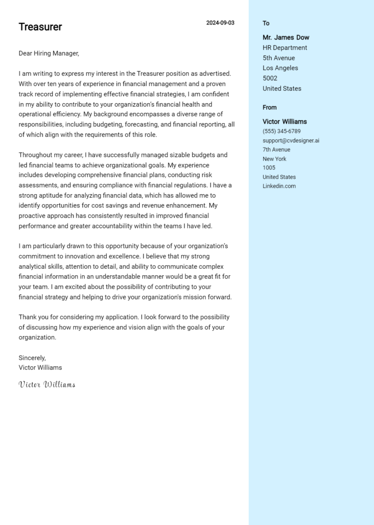 Treasurer Cover Letter Example for 2025 (Download Templates)