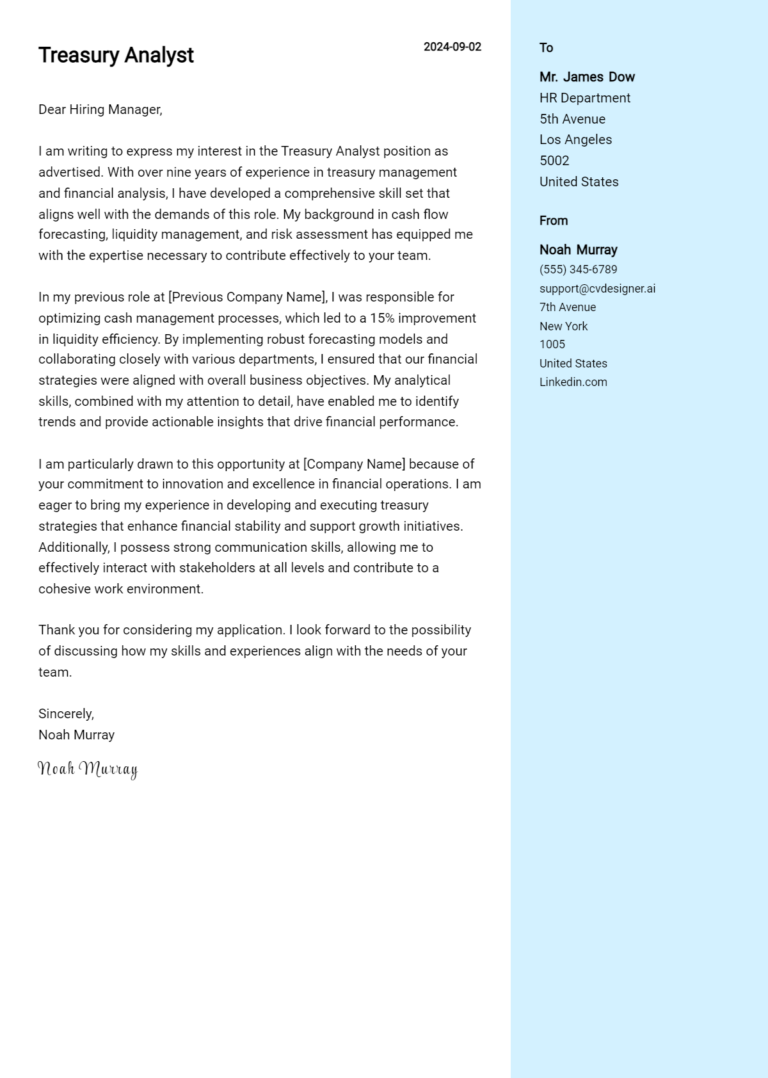 Treasury Analyst Cover Letter Examples with Writing Tips for 2025 1 Treasury Analyst Cover Letter Examples with Writing Tips for 2025