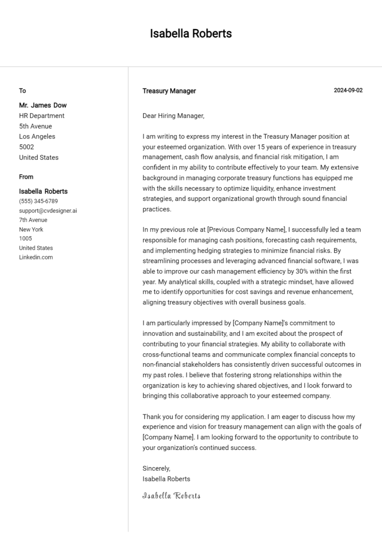 Treasury Manager Cover Letter Examples with Writing Tips for 2025