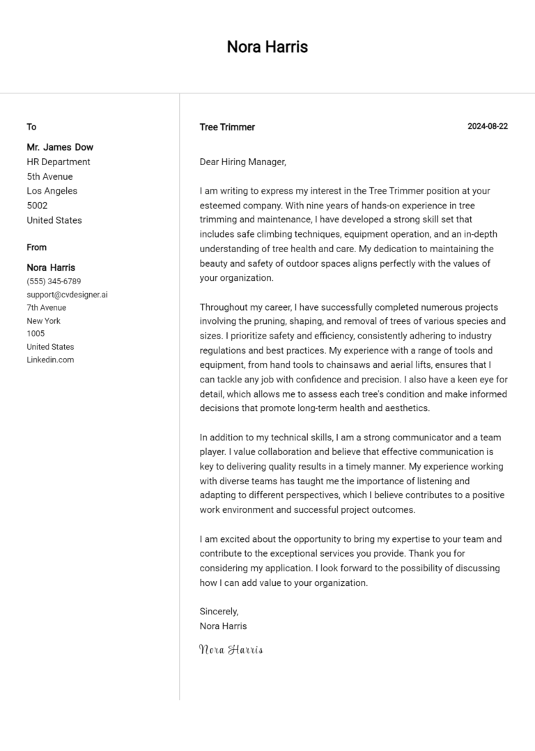 Tree Trimmer Cover Letter Example for 2025 (Download Templates)