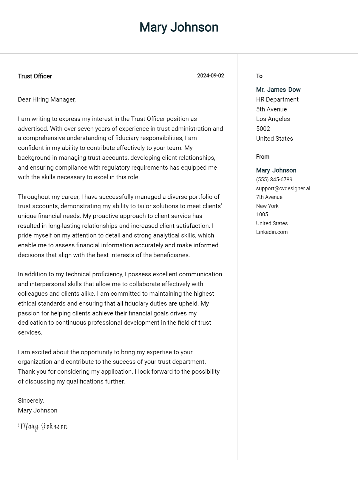 trust officer cover letter example