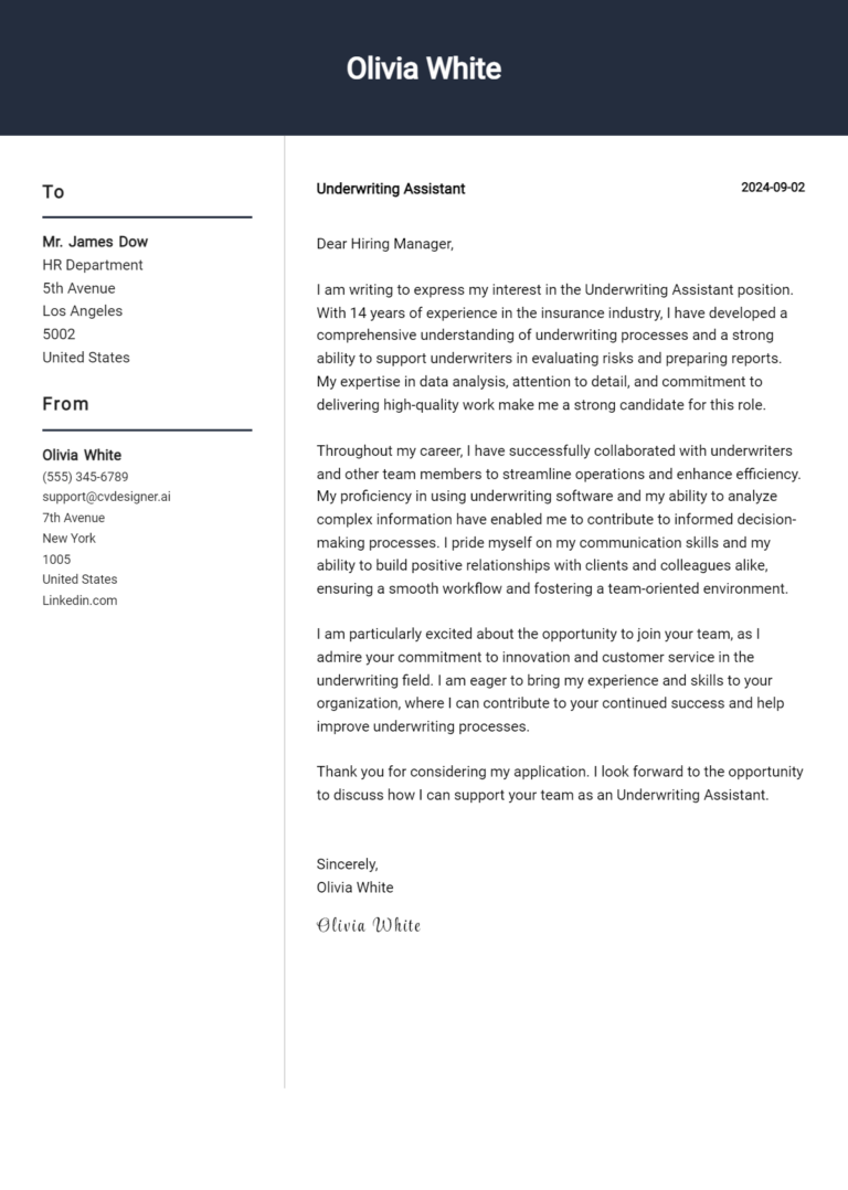 Underwriting Assistant Cover Letter Example for 2025 (Free Templates)