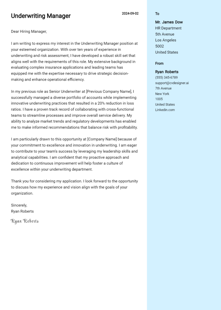 Underwriting Manager Cover Letter Examples for 2025 (Downloadable)