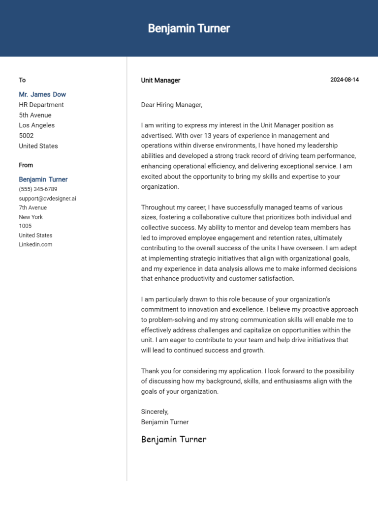 Unit Manager Cover Letter Examples and Templates for 2025