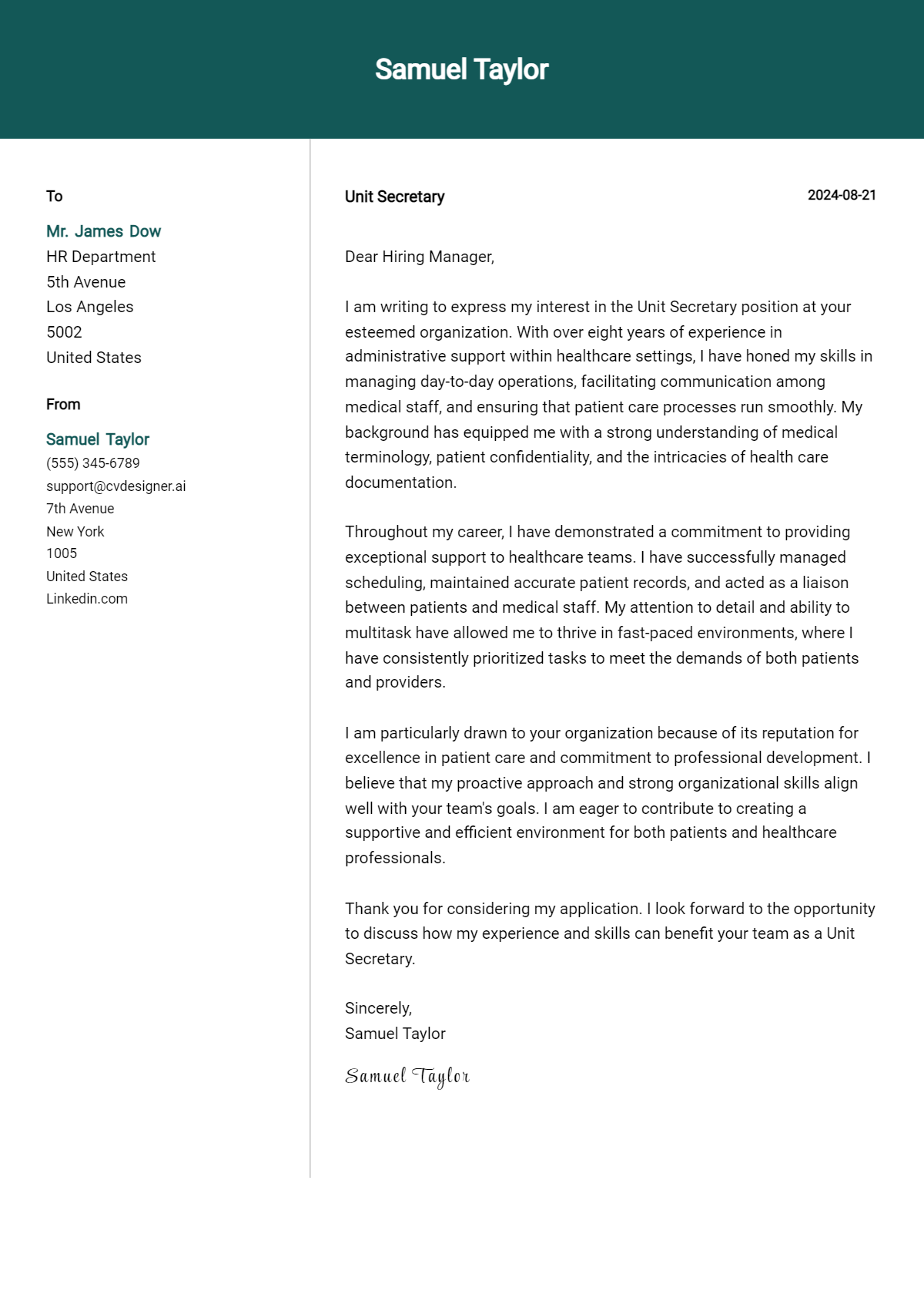 unit secretary cover letter example