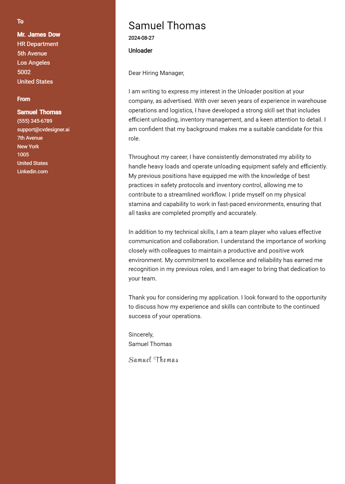 unloader cover letter example