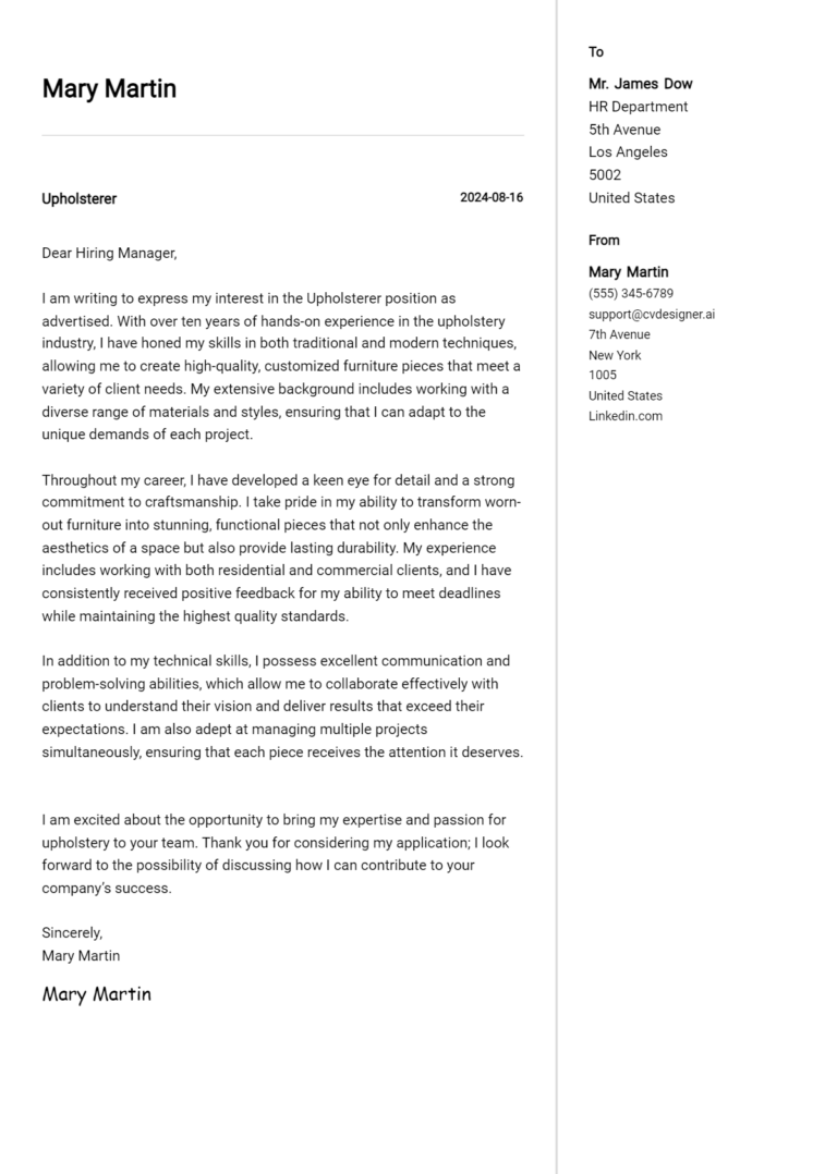 Upholsterer Cover Letter Example for 2025 (Writing Guide) 1 Upholsterer Cover Letter Example for 2025 (Writing Guide)