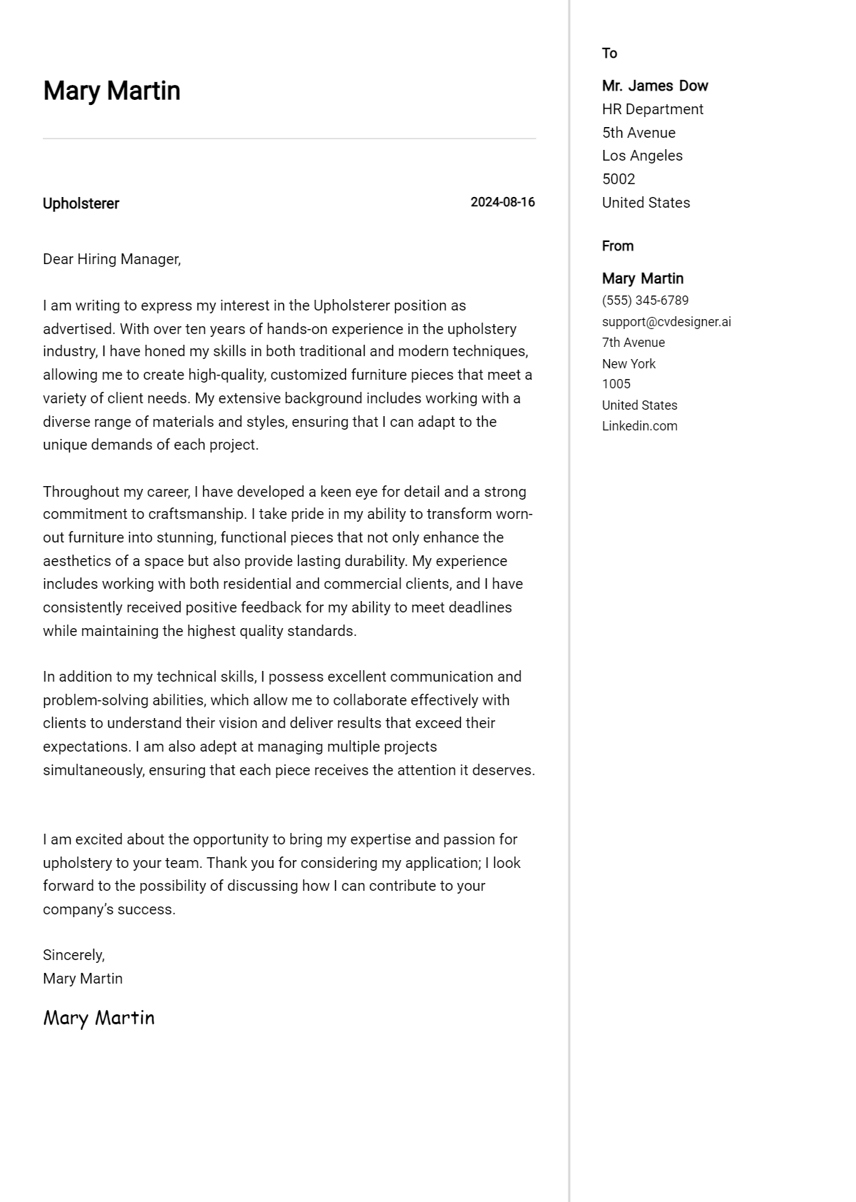 upholsterer cover letter example