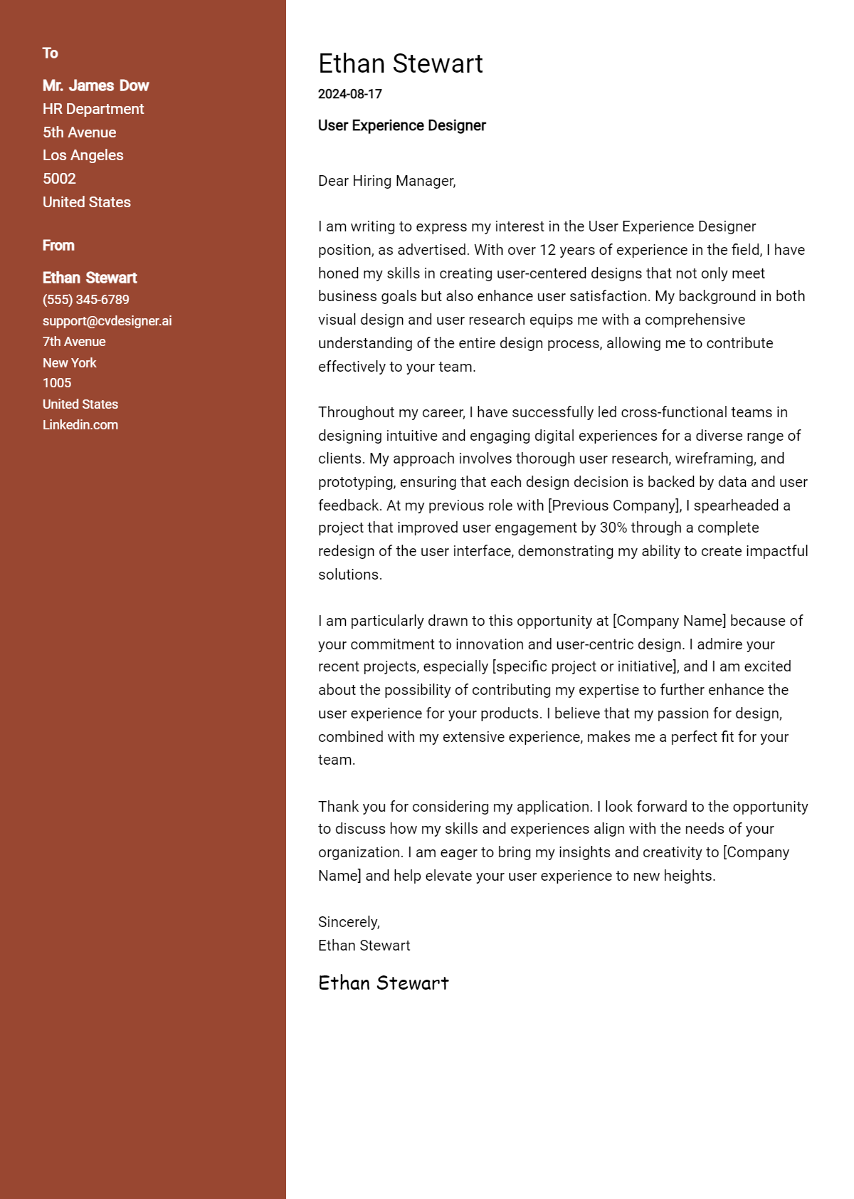 user experience designer cover letter example