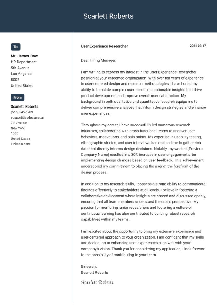 user experience researcher cover letter example