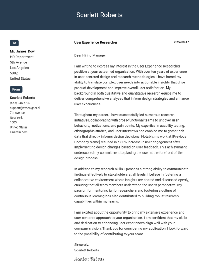 User Experience Researcher Cover Letter Example for 2025: Expert Tips & Templates