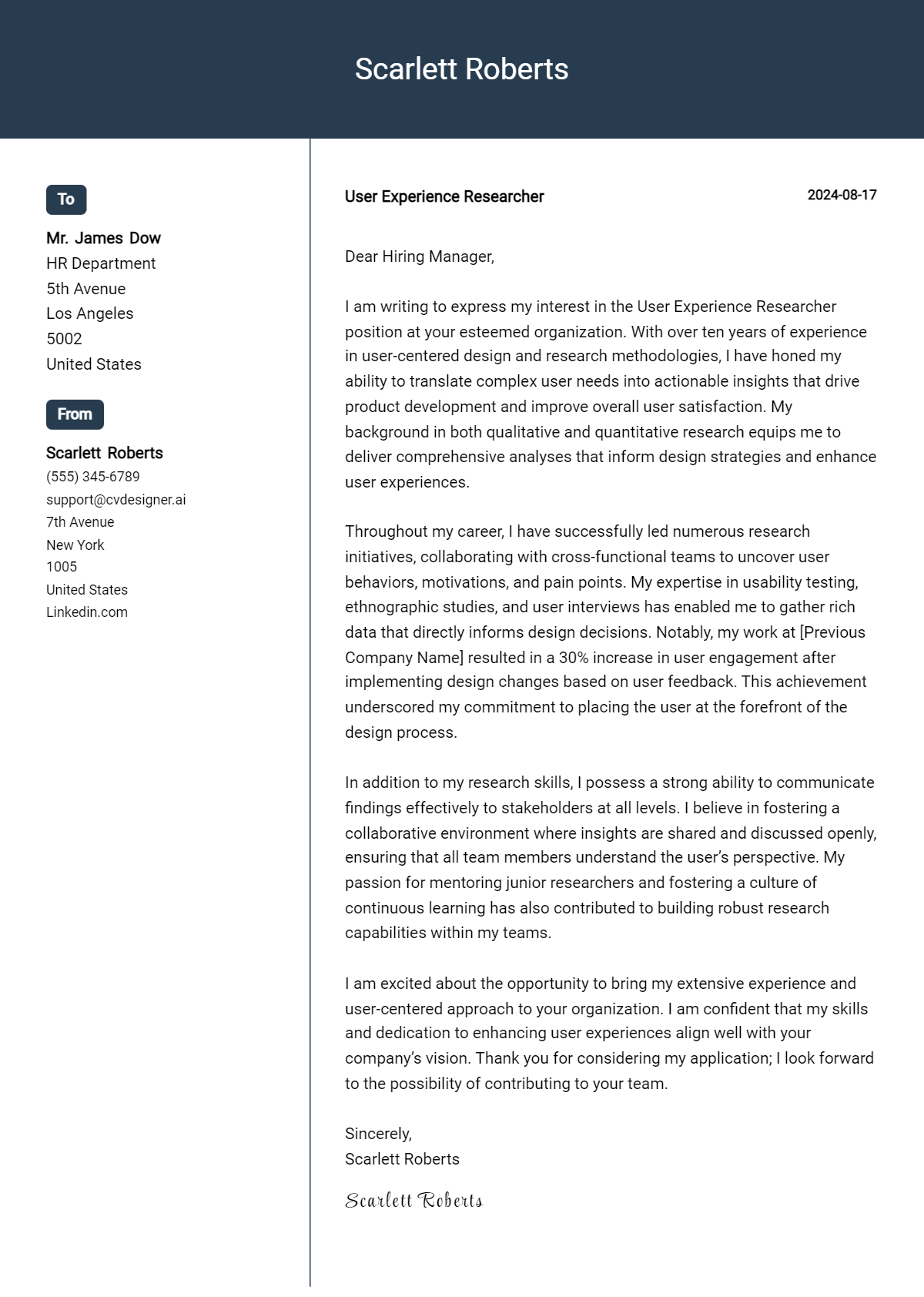 user experience researcher cover letter example