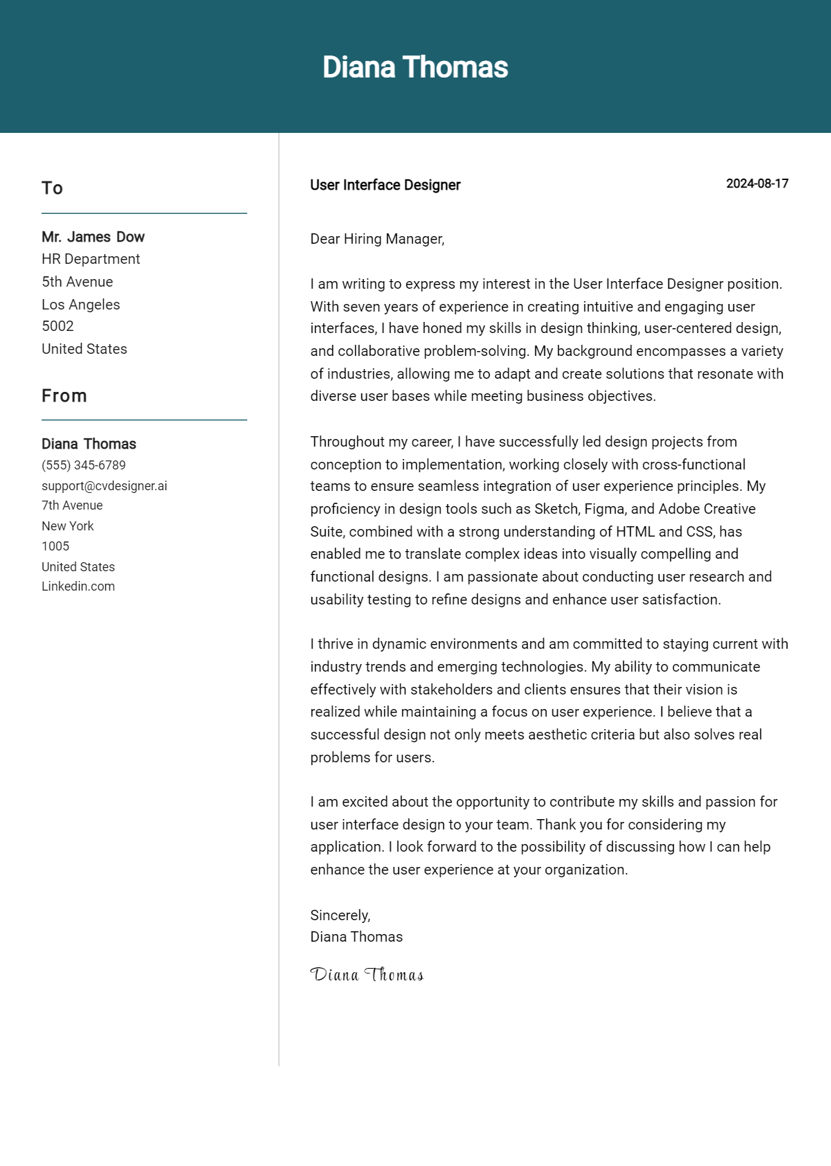 user interface designer cover letter example