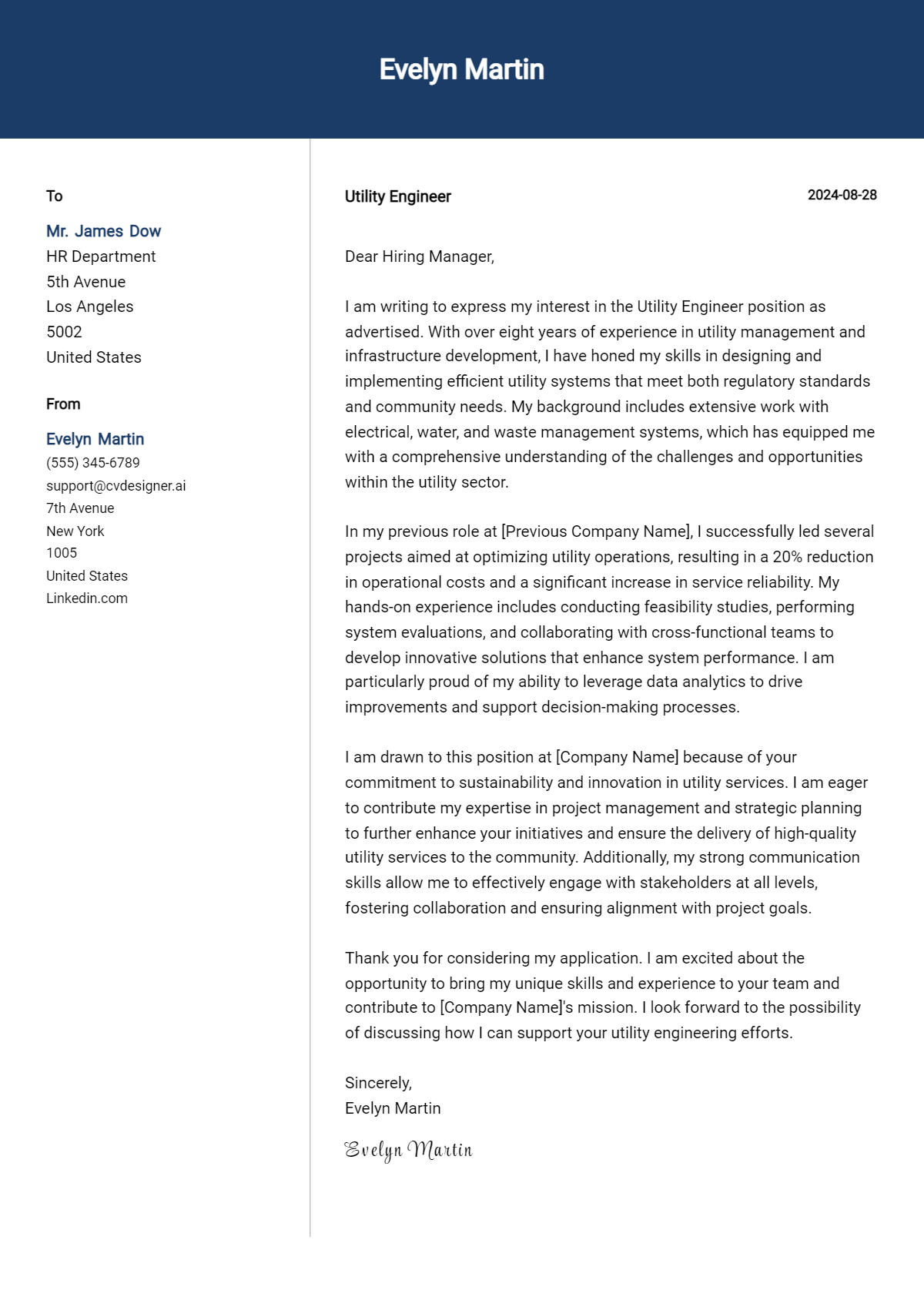 utility engineer cover letter example