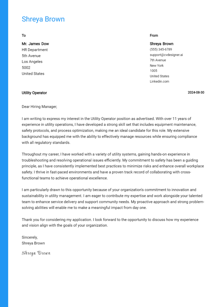 Utility Operator Cover Letter Example for 2025: Proven Tips
