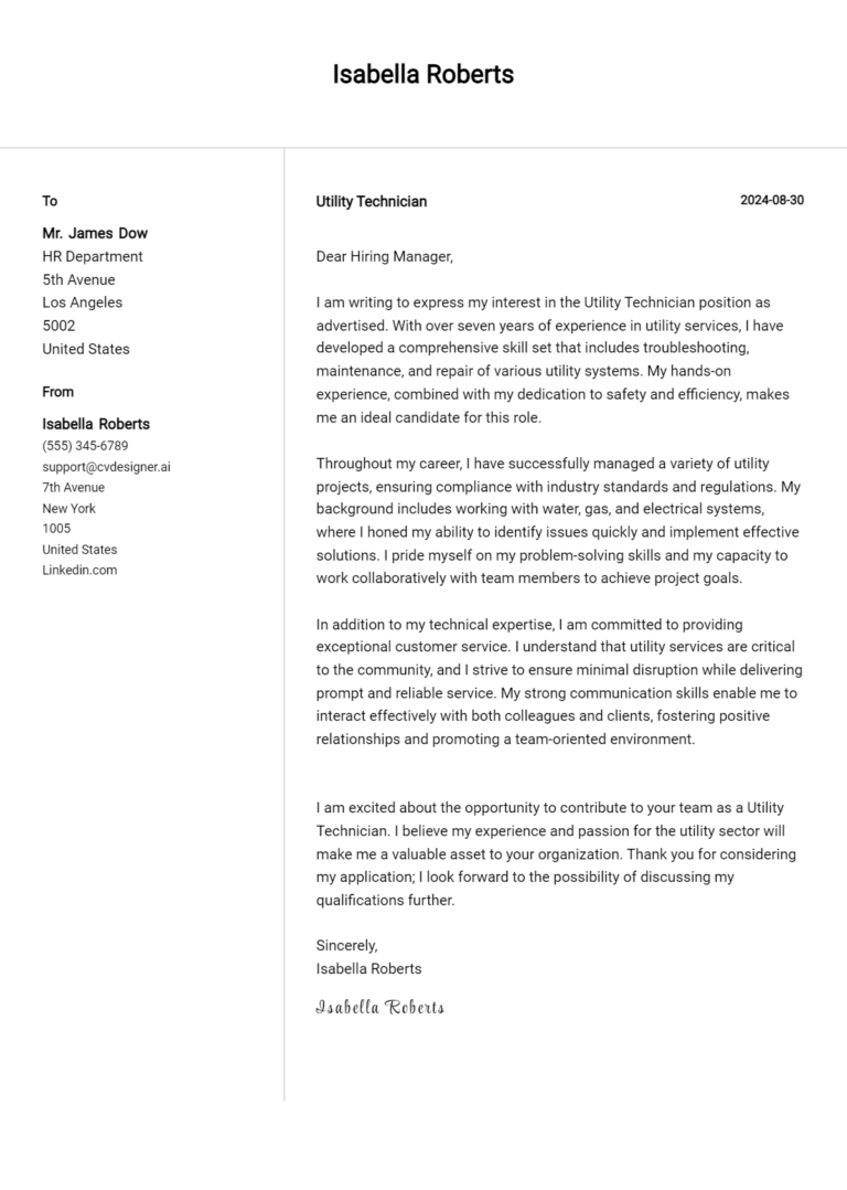 Utility Technician Cover Letter Example for 2025: Tips & Templates