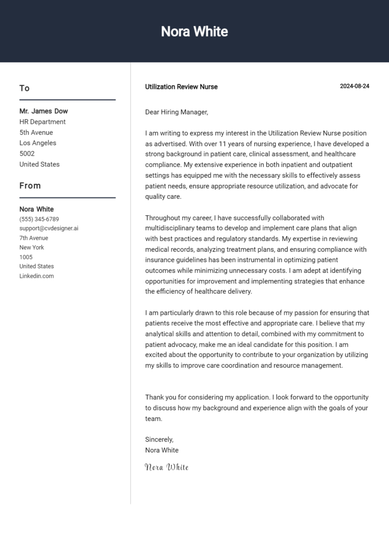 Utilization Review Nurse Cover Letter Example for 2025 (Writing Guide)