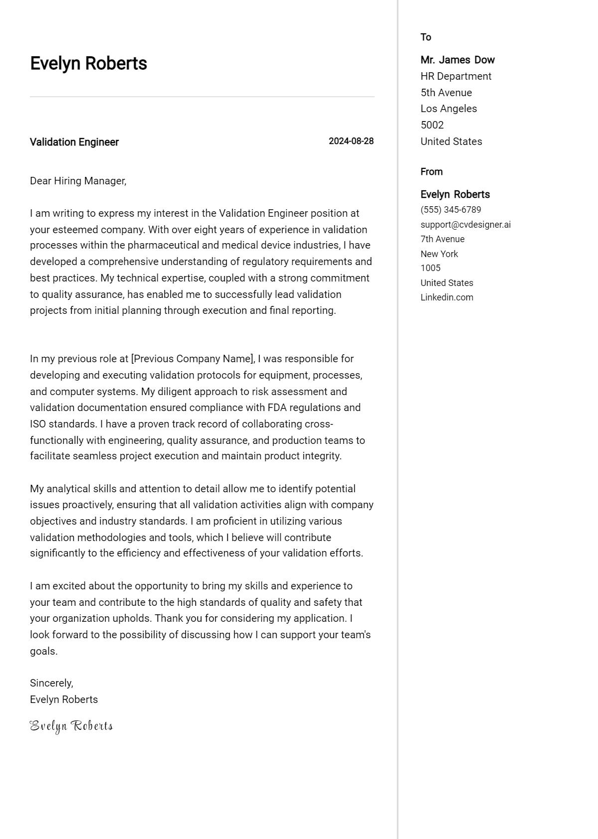 validation engineer cover letter example